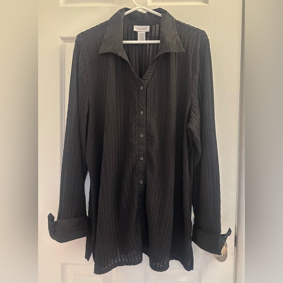 Avenue Tops - Avenue Stretch Black Textured Semi Sheer Button Down Shirt Plus size 18/20